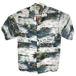 Lenguinease Bro Hawaiian Shirt Mens M Blue Gray Button Down Tropical Palms Boats